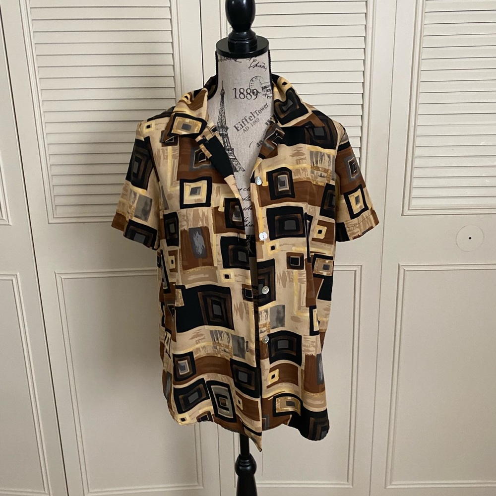 Expose vintage brown 90s Y2K button down button up abstract geometric shirt
